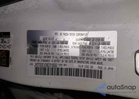2011 Mazda Cx-9 Touring from USA, damaged, VIN JM3TB3CV0B0318582